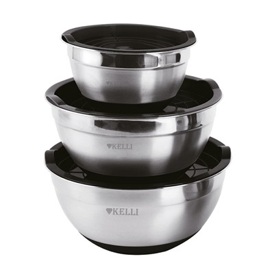 Набор Мисок KELLI KL-232 нерж  с крышками ЧЕРНЫЙ обьем 1,6л 2,7л 4,4л мерная шкала (12)