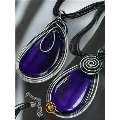 Кулон-подвеска из натурального Агата  на многослойном шнурке АБ4/001 фиолетово-синий