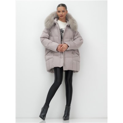 Куртка зимняя женская с мехом и капюшоном тренд светло-коричневого цвета 7660SK