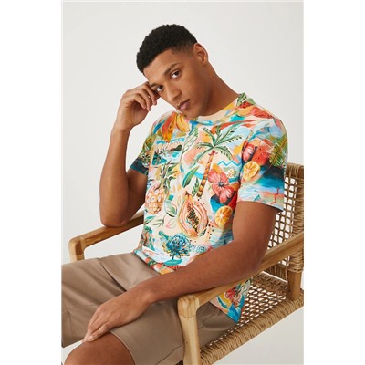 T-shirt bawełniany męski z elastanem wzorzysty kolor multicolor