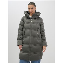 Пальто зимнее утепленное с капюшоном женское темно-зеленого цвета 7779TZ