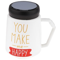 Кружка фарфоровая "Признания" "You make me happy" 600мл, д9,5см h13,3см, матовая глазурь, деколь с золотом, цвет - белый, пластмассовая, винтовая крышка, герметичная, с силиконовым уплотнителем, д/горла 6,6см, д/основания 5,6см, в подарочной коробке