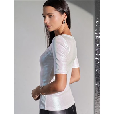 Футболка облегающая из хлопка в рубчик с U вырезом и матовым покрытием металлик