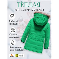Куртка парка зимняя детская подростковая для девочки с капюшоном и мехом зеленого цвета 9442Z