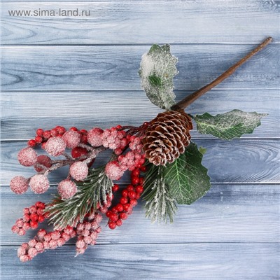 Еловая ветка декоративная «Зимнее волшебство. Грёзы», ягоды, шишка, иней, хвоя, 26 см