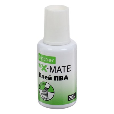 Клей ПВА 20 мл, Hatber X-Mate, с кисточкой