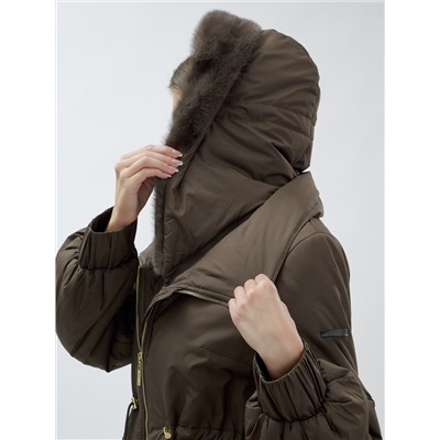 Пальто зимнее женское стильное с норкой люкс класса коричневого цвета 8628K