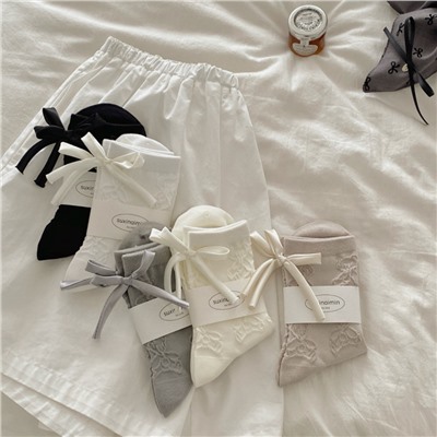 Summer Japanese three dimensional cotton socks with bow, with little bears, mid-length