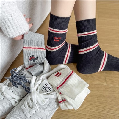 Cotton knee socks, Korean style, with embroidery, mid-length, western style