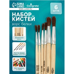 Набор кистей белка круглые 6 штук (№1,3,5,7,9,11) с деревянными ручками, блистер