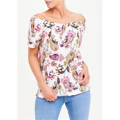 Shirred Paisley Wide Neck T-Shirt