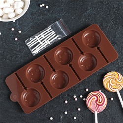 Форма для леденцов Доляна «Смайл», силикон, 24×9.5 см, 6 ячеек (d=4 см), с палочками, МИКС