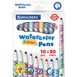 Фломастеры двусторонние 20 цветов BRAUBERG PREMIUM BI-COLOR, 10 штук, утолщённые, вентилируемый колпачок