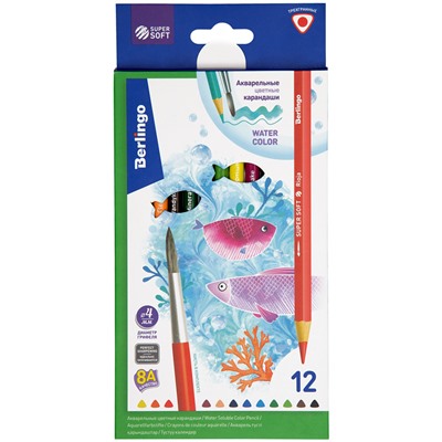 Карандаши 12цв акварельные Berlingo SuperSoft. Рыбки + кисть трехгран SSA1712/12/Китай