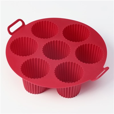 Форма для выпечки Доляна «Рифленый круг», силикон, 20×20×5 см, 7 ячеек (5.5×5 см), красная