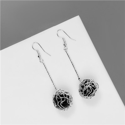 Серьги висячие «Шар плетёный», цвет чёрный в серебре, 6.5 см