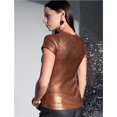 Футболка облегающая из хлопка в рубчик с V вырезом и матовым покрытием металлик