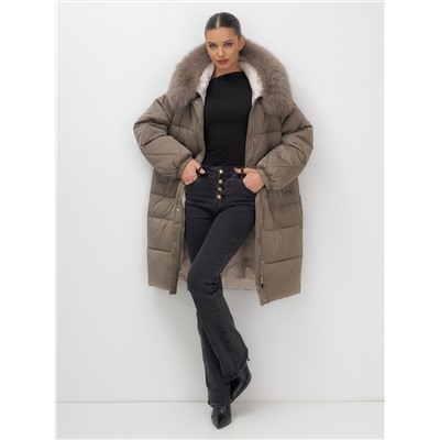 Пальто зимнее утепленное с мехом и капюшоном тренд коричневого цвета 7629K