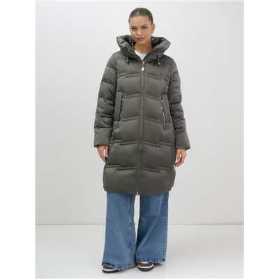 Пальто зимнее утепленное с капюшоном женское темно-зеленого цвета 7779TZ