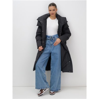 Пальто зимнее утепленное с капюшоном женское черного цвета 7748Ch