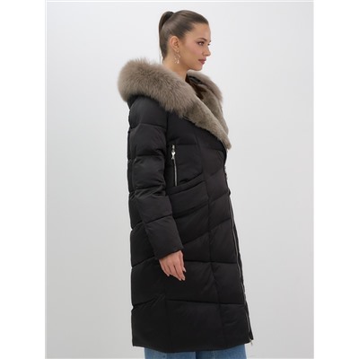 Двубортное пальто зимнее утепленное с мехом и капюшоном черного цвета 7626Ch