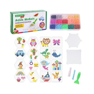 Аквамозаика 15 цветов, 1500 бусин, с трафаретами и инструментами, BRAUBERG KIDS, 664913