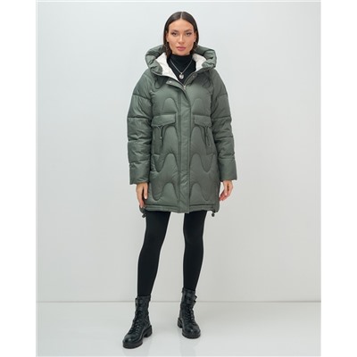 Куртка зимняя женская с капюшоном модная цвета хаки 7653Kh