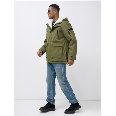 Парка мужская зимняя удлиненная с мехом цвета хаки 8761Kh