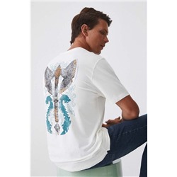 T-shirt bawełniany męski z domieszką elastanu z nadrukiem kolor beżowy