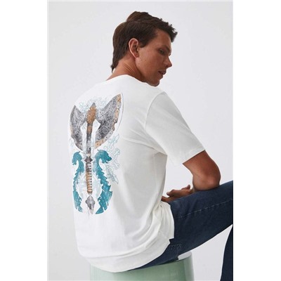 T-shirt bawełniany męski z domieszką elastanu z nadrukiem kolor beżowy