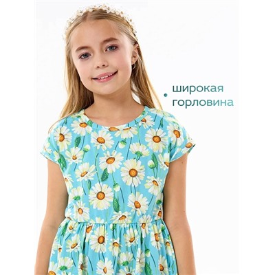 Детское платье "Ласточка" / Крупные ромашки на бирюзе