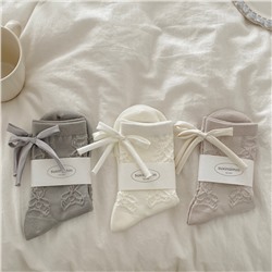 Summer Japanese three dimensional cotton socks with bow, with little bears, mid-length