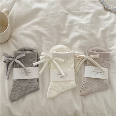 Summer Japanese three dimensional cotton socks with bow, with little bears, mid-length