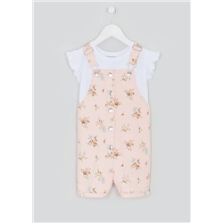 Girls Pink Denim Short Dungaree & Top Set (4-13yrs)