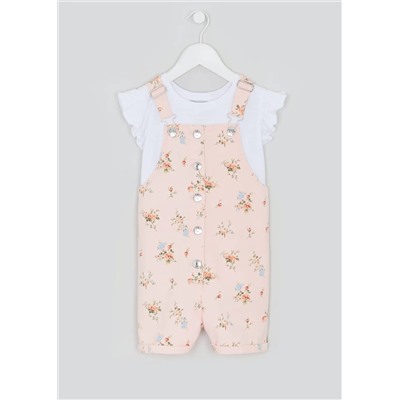 Girls Pink Denim Short Dungaree & Top Set (4-13yrs)