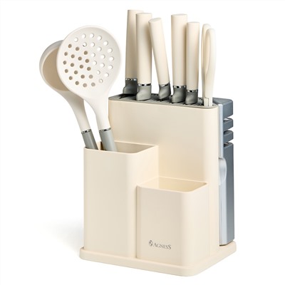 НАБОР AGNESS ИЗ 11ПР: 5 НОЖЕЙ,ПОЛОВНИК,ЛОПАТКА,ШУМОВКА,ПОДСТАВКА,НОЖЕТОЧКА,НОЖНИЦЫ, ЦВЕТ:БЕЛЫЙ/СЕРЫЙ