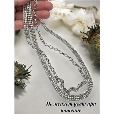 Пояс женский цепочка  дорожка со стразами трех рядная цвет серебро модель 12