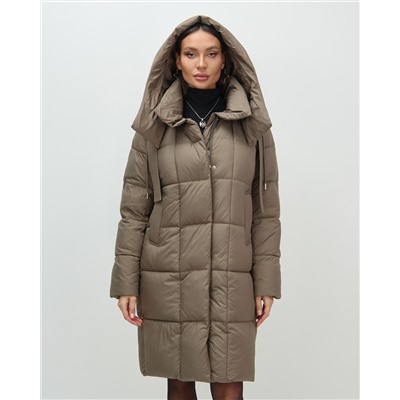 Пальто зимнее утепленное с капюшоном женское коричневого цвета 7700K