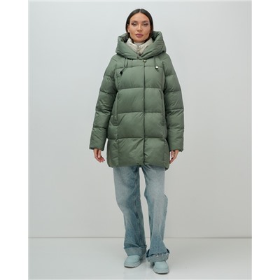 Куртка двубортная женская зимняя с капюшоном цвета хаки 7736Kh