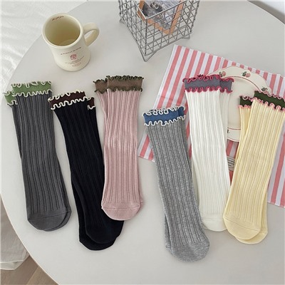 Cute double-layer cotton brand Japanese retro cotton balls, knee socks, mid-length