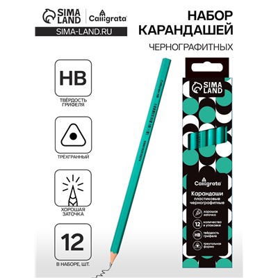 Набор карандашей чернографитных 12 штук, Calligrata Classic, заточенные, пластик, трехгранные, зеленые