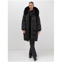 Пальто зимнее утепленное с мехом и капюшоном тренд черного цвета 7629Ch