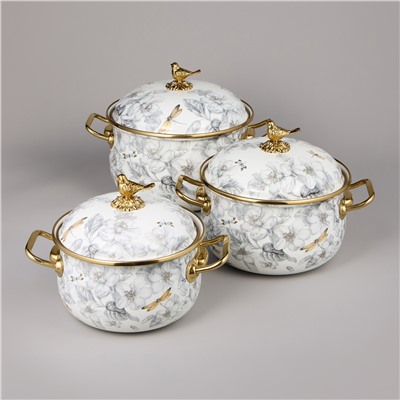 НАБОР КАСТРЮЛЬ AGNESS ЭМАЛИРОВАННЫХ СЕРИЯ "ЯБЛОНЕВЫЙ САД", 6ПР. 2,1Л, 2,8Л И 3,8Л