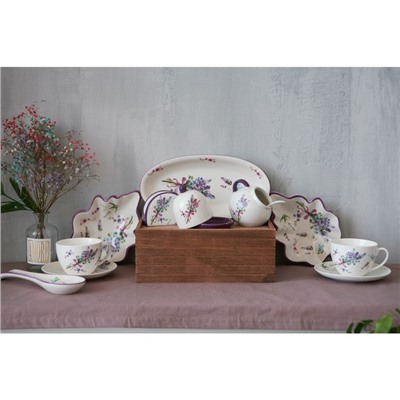 Сервиз чайный Доляна «Лаванда», 12 предметов: 6 чашек 250 мл, 6 блюдец d=15 см, фарфор, белый