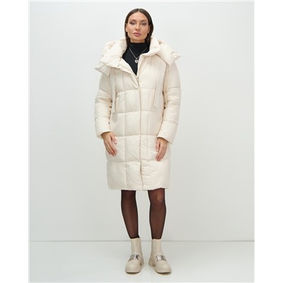 Пальто зимнее утепленное с капюшоном женское бежевого цвета 7700B