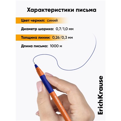 Ручка шариковая ErichKrause U-109 Orange Stick&Grip, игольчатый узел 1.0 мм, чернила синие, резиновый держатель, супермягкое письмо