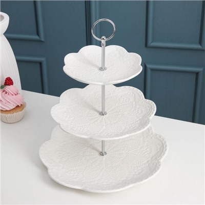 Этажерка - фруктовница Доляна «Сьюзен», 3 яруса, d=15/20/26 см, фарфор, белая