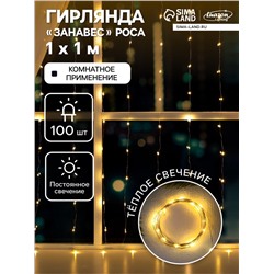 Гирлянда «Занавес» 1 × 1 м роса, IP20, серебристая нить, 100 LED, свечение тёплое белое, 12 В