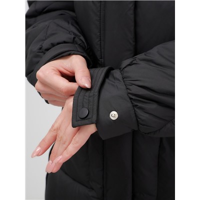 Куртка зимняя женская с мехом и капюшоном тренд черного цвета 7608Ch