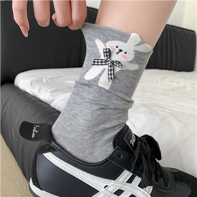 Cartoon summer knee socks with bow, brand accessory, mid-length, Korean style